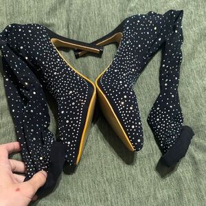 SHEIN Black Heeled Boots with Rhinestone Detailing